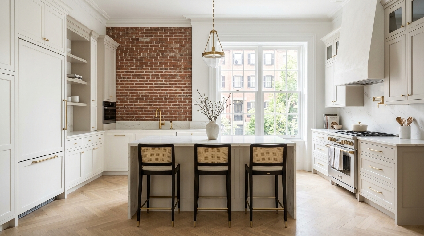 Remodeled Boston kitchen with custom cabinetry and quartz island